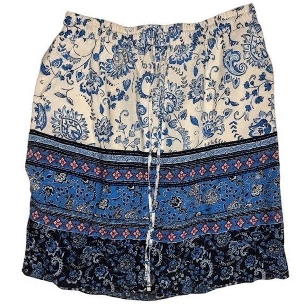 LOFT Blue White Floral Paisley Border Print Mini Skirt Elastic Waist Womens M